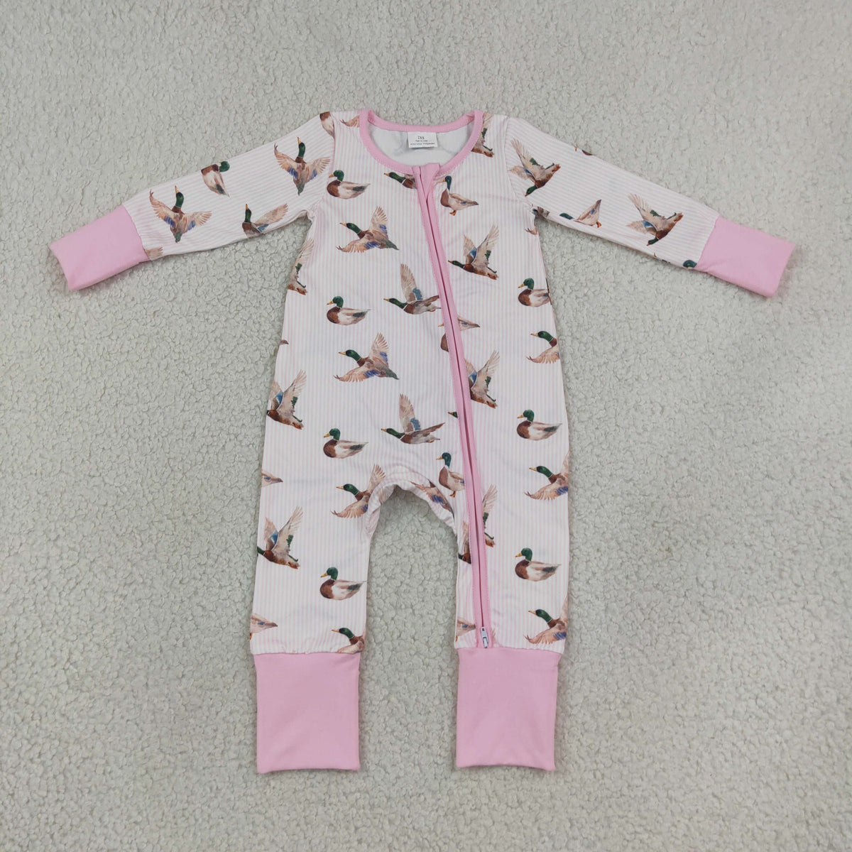 Baby Girls Pink Stripe Ducks Hunting Two Way Zip Convertible Rompers