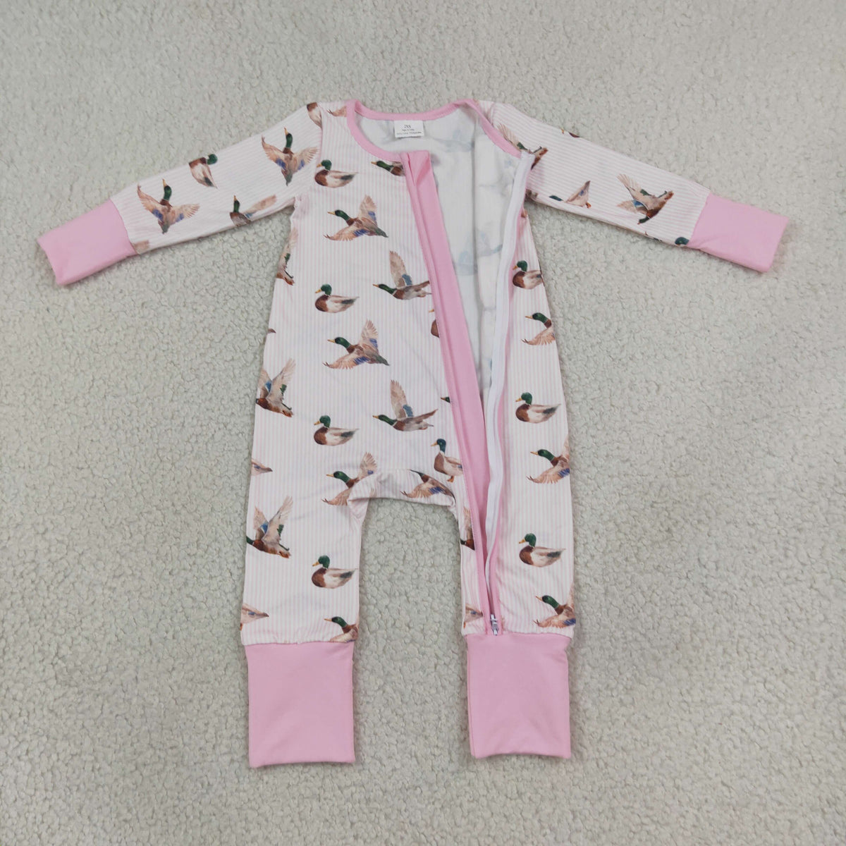 Baby Girls Pink Stripe Ducks Hunting Two Way Zip Convertible Rompers