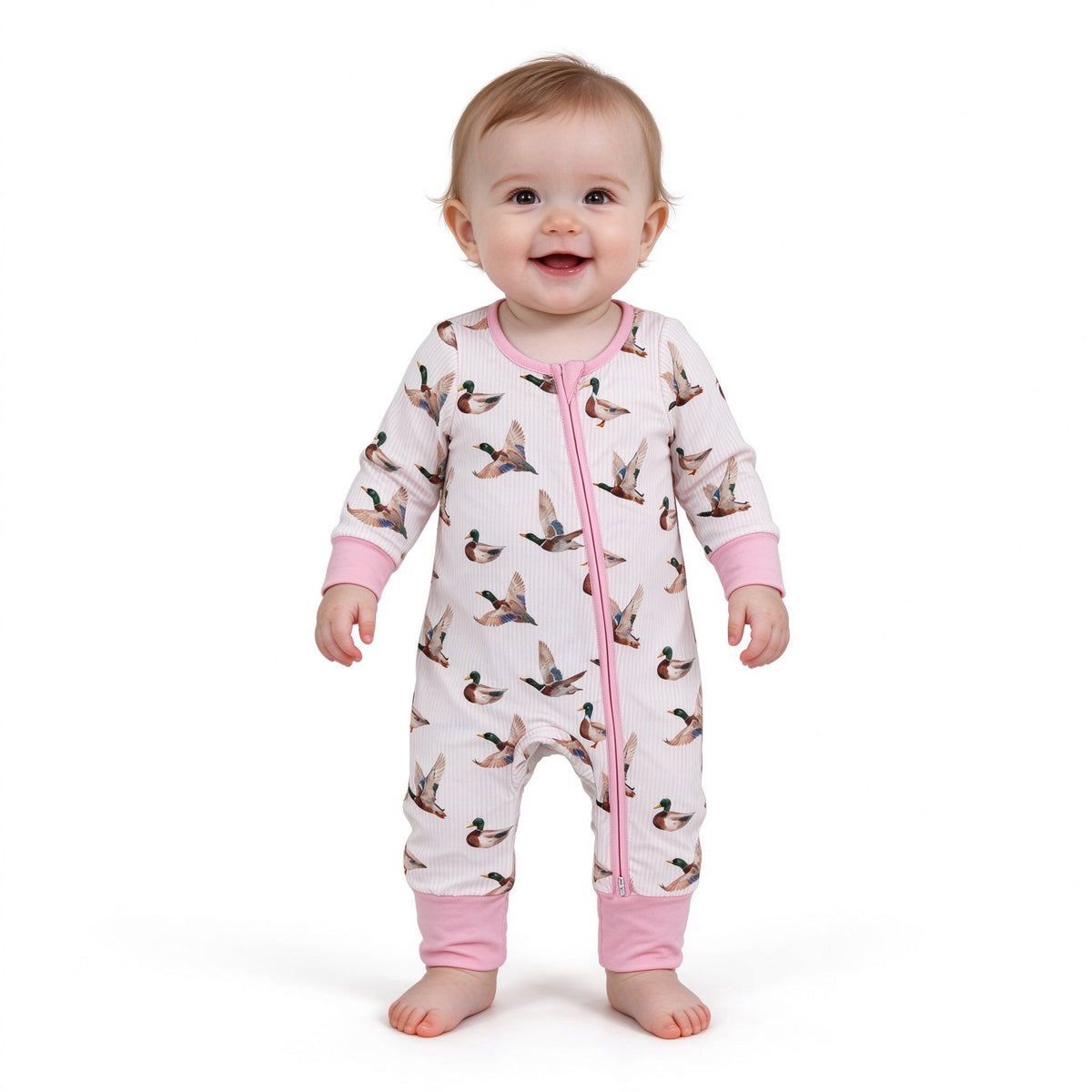 Baby Girls Pink Stripe Ducks Hunting Two Way Zip Convertible Rompers