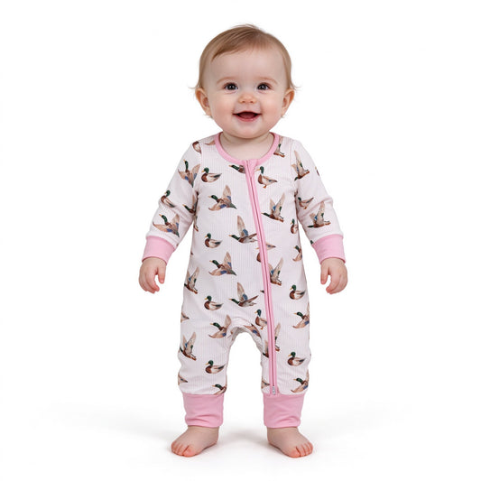 Baby Girls Pink Stripe Ducks Hunting Two Way Zip Convertible Rompers