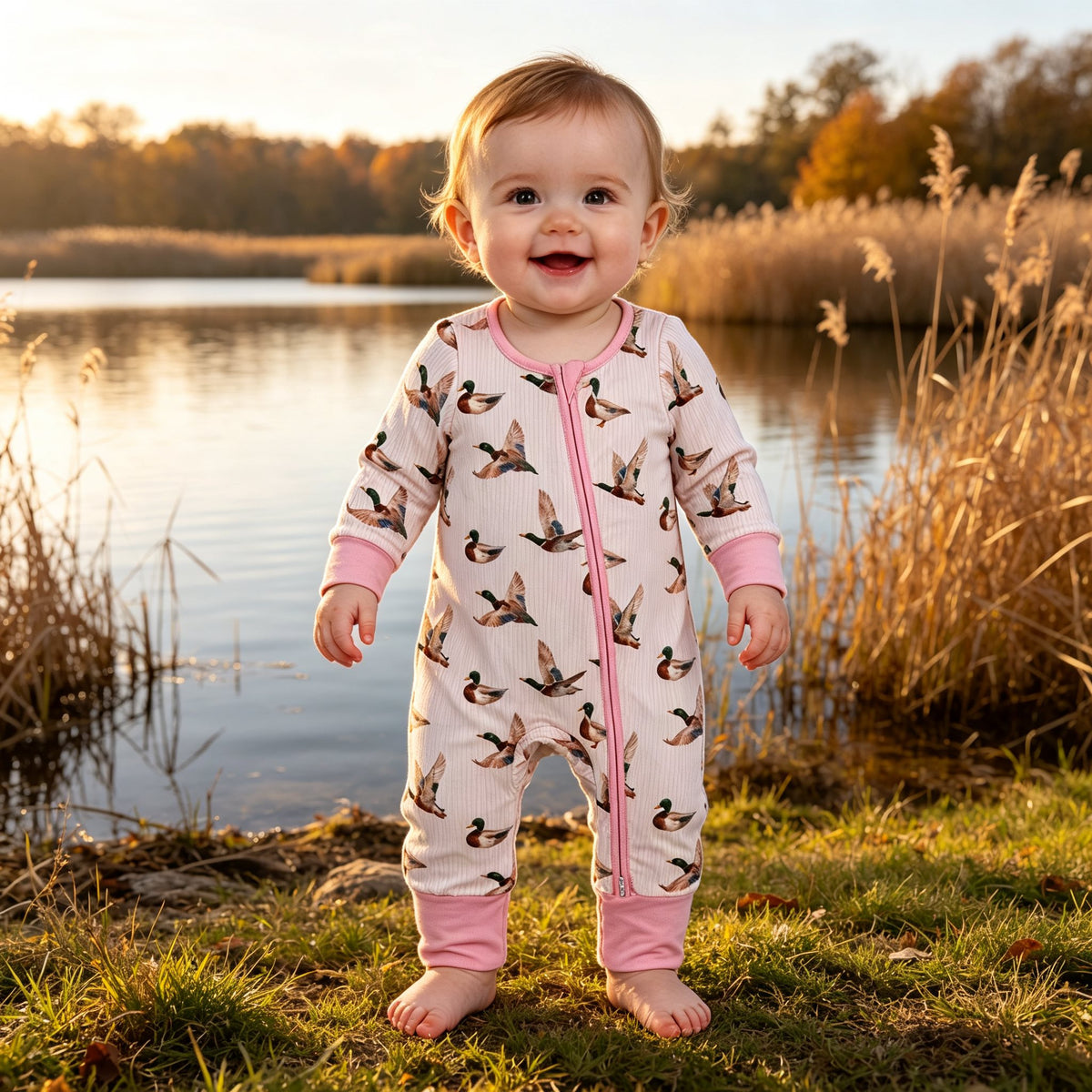 Baby Girls Pink Stripe Ducks Hunting Two Way Zip Convertible Rompers