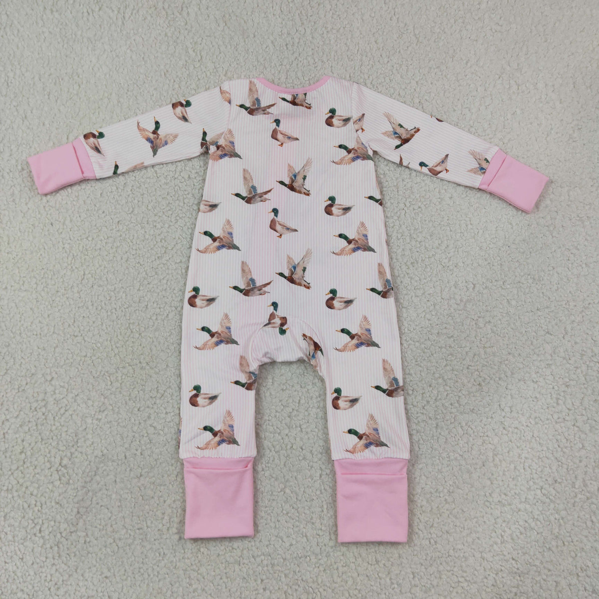 Baby Girls Pink Stripe Ducks Hunting Two Way Zip Convertible Rompers