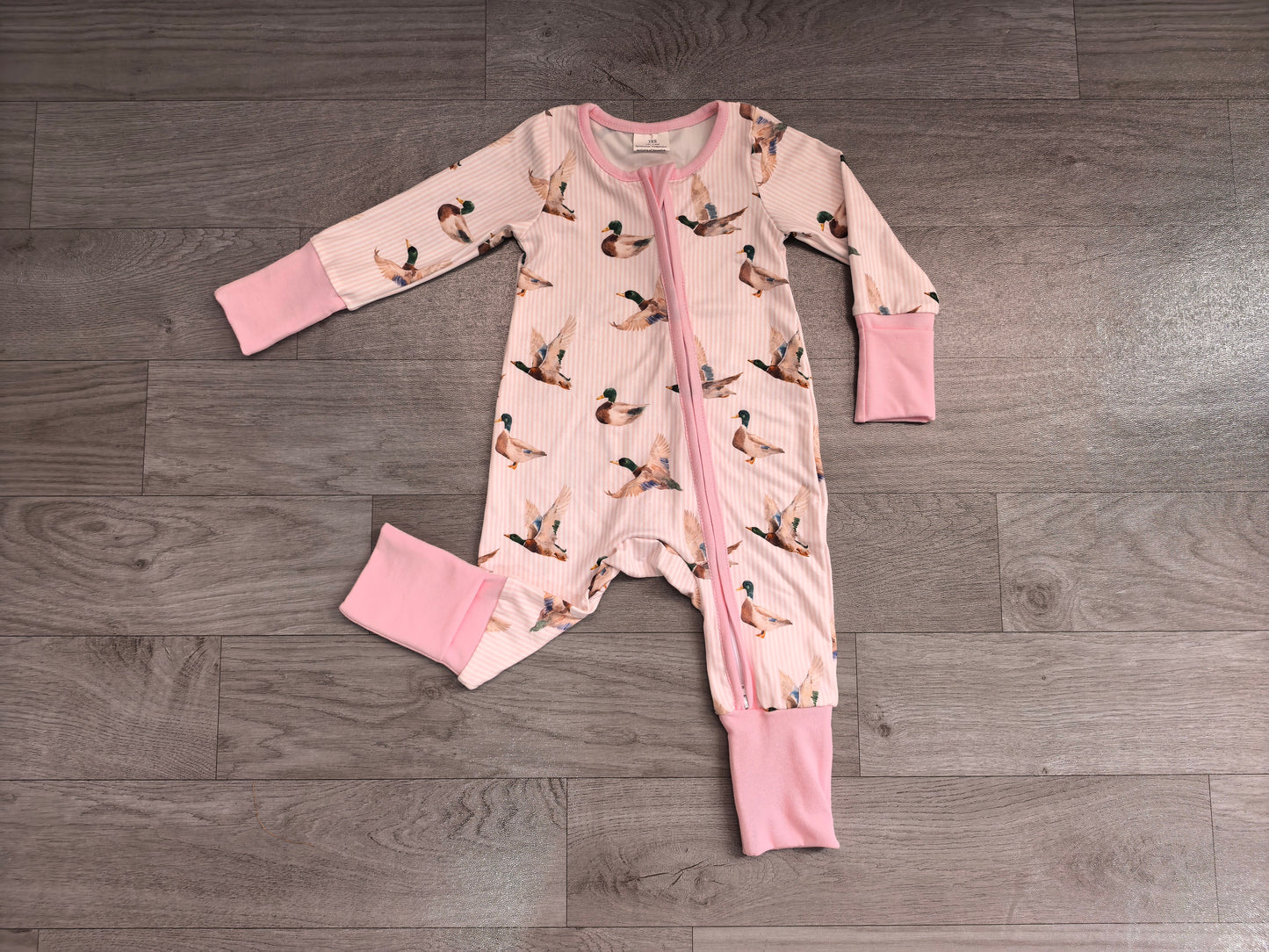 Baby Girls Pink Stripe Ducks Hunting Two Way Zip Convertible Rompers Preorder