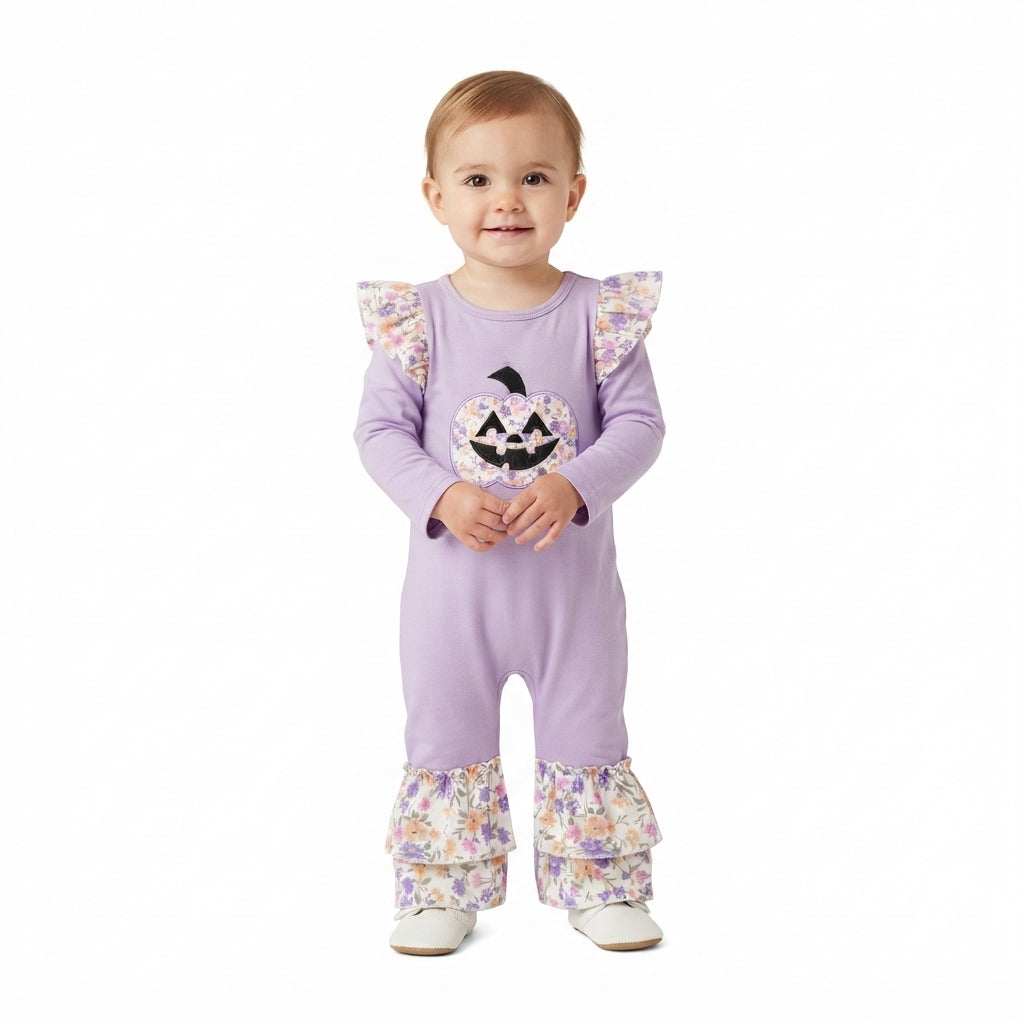 Embroidery Flowers Ghost Pumpkin Baby Girls Halloween Ruffle Pant Rompers