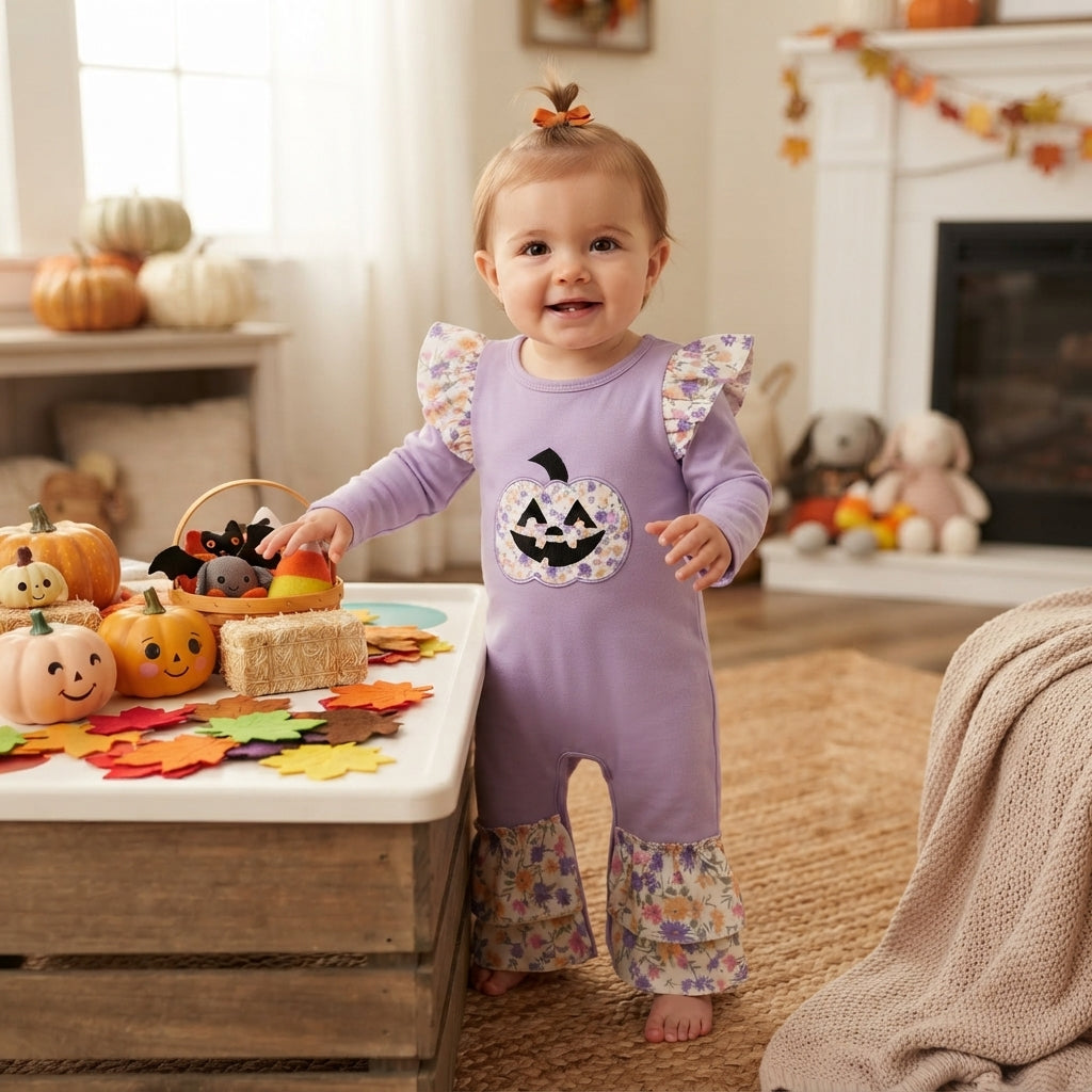 Embroidery Flowers Ghost Pumpkin Baby Girls Halloween Ruffle Pant Rompers