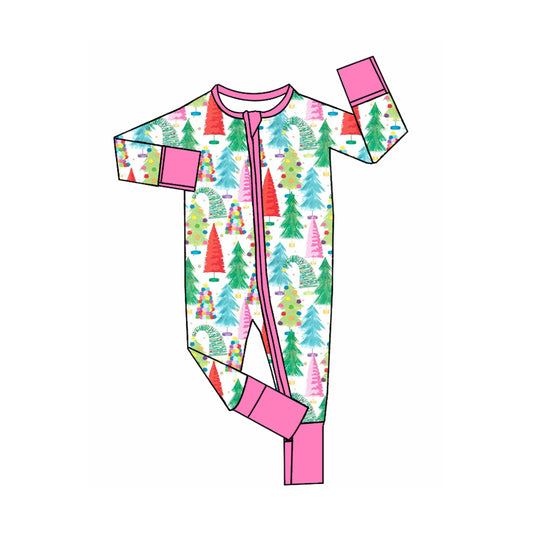 Preorder moq 5 Baby Girls Colorful Trees Christmas Two Way Zip Convertible Rompers