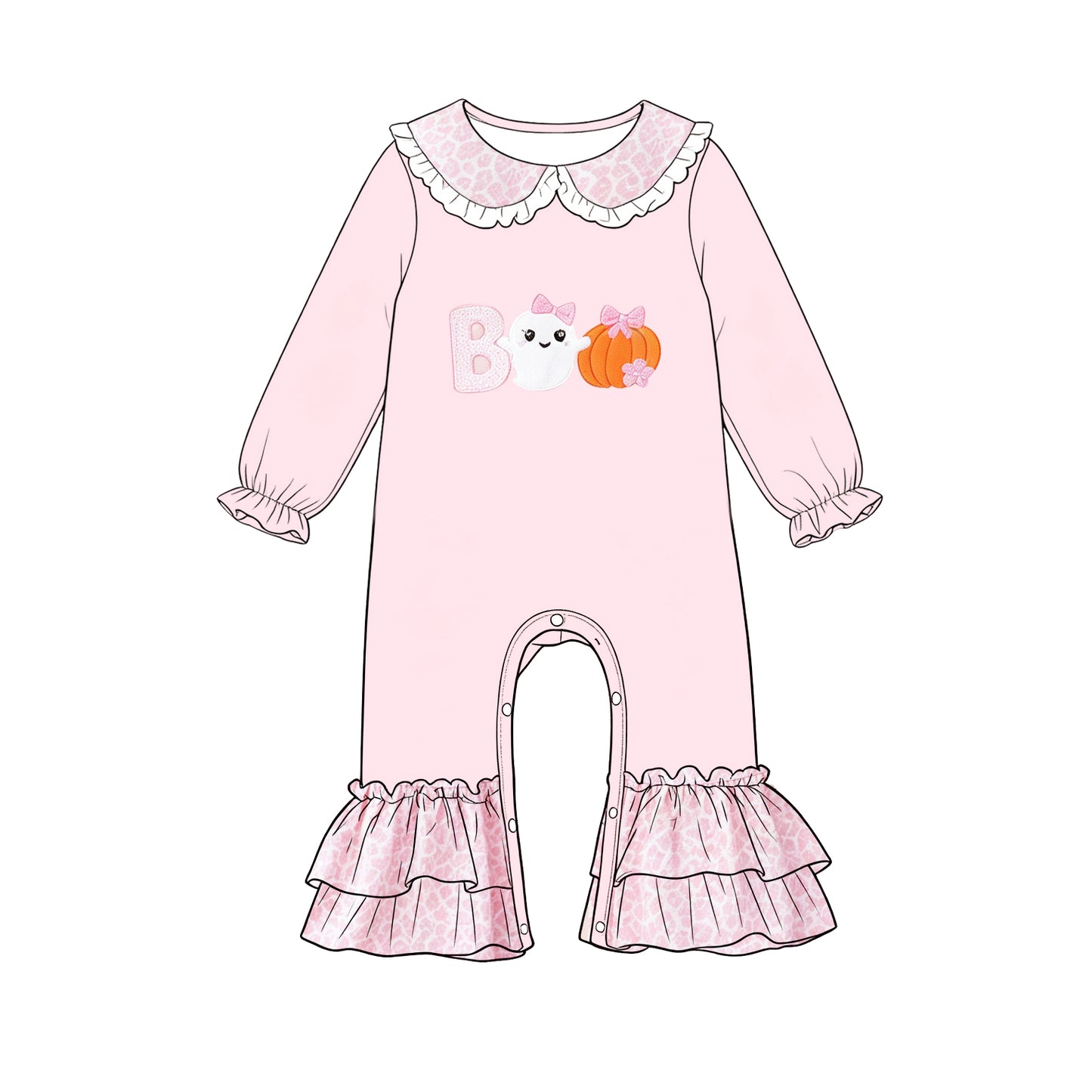 Preorder moq 5 Baby Girls Pumpkin Ghost BOO Halloween Ruffle Pant Rompers