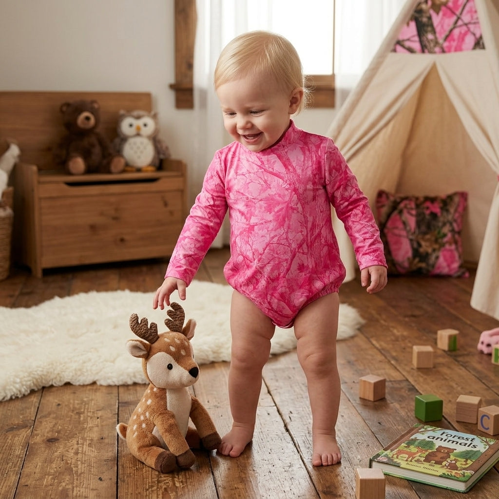 Baby Girls Pink Leavers Camo Long Sleeve Choker Rompers