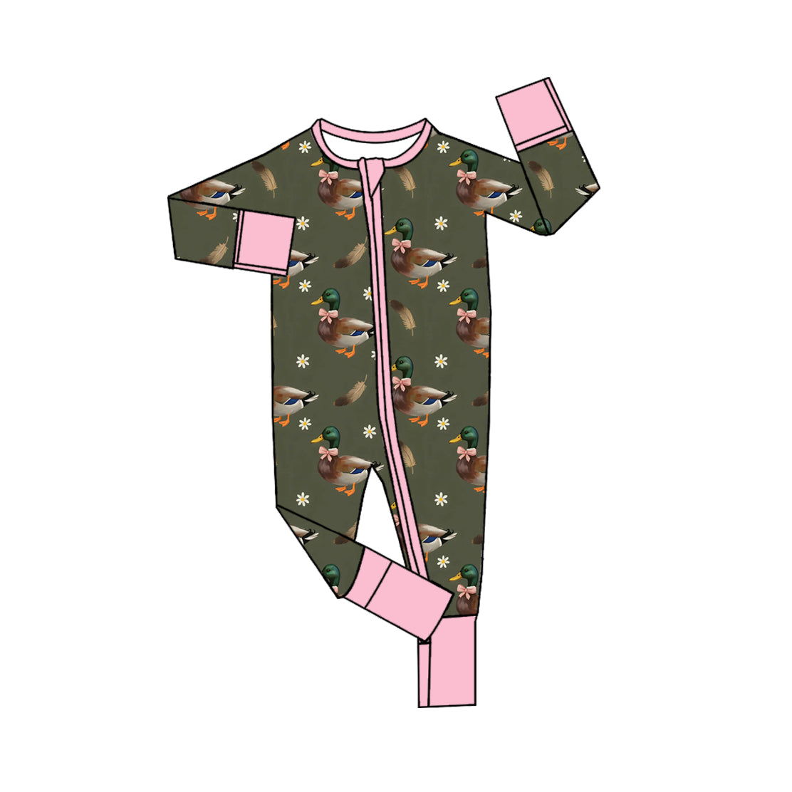 Preorder moq 5 Baby Girls Flowers Ducks Two Way Zip Convertible Hunting Rompers