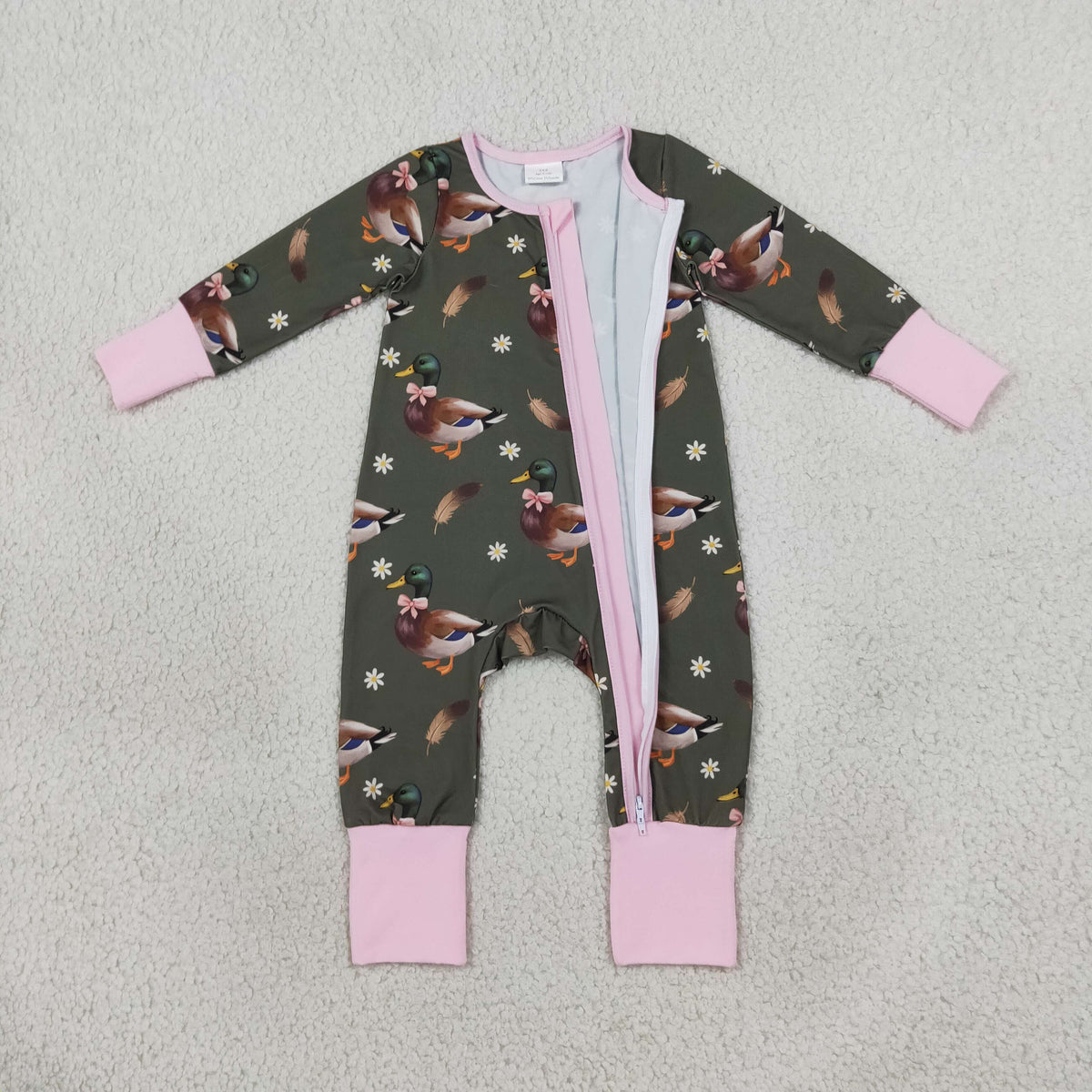 Baby Girls Flowers Ducks Hunting Two Way Zip Convertible Rompers