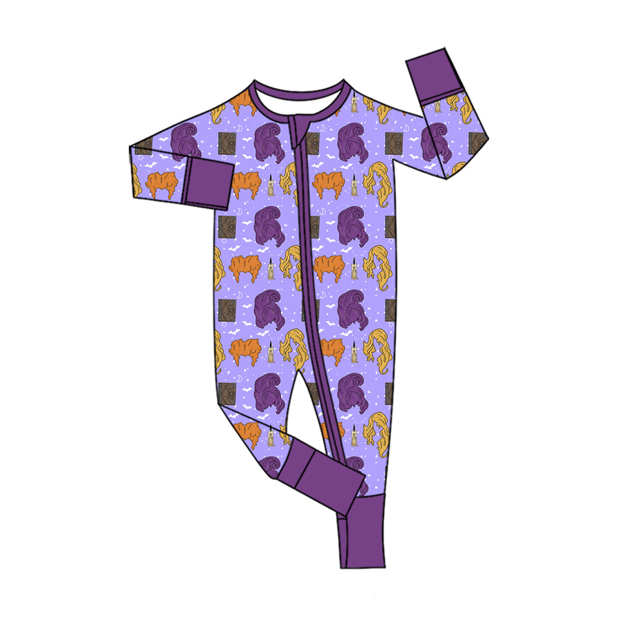 Preorder moq 5 Baby Girls Cartoon Hairs Bats Two Way Zip Convertible Halloweens Rompers