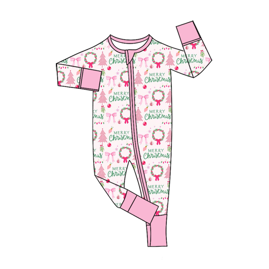 Preorder moq 5 Baby Girls Holly Trees Two Way Zip Convertible Christmas Rompers