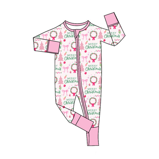 Preorder moq 5 Baby Girls Holly Trees Two Way Zip Convertible Christmas Rompers