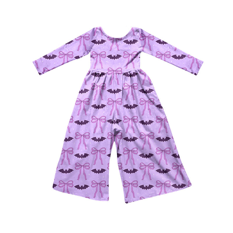 Preorder moq 5 Baby Girls Purple Bows Bats Halloween Pant Jumpsuits
