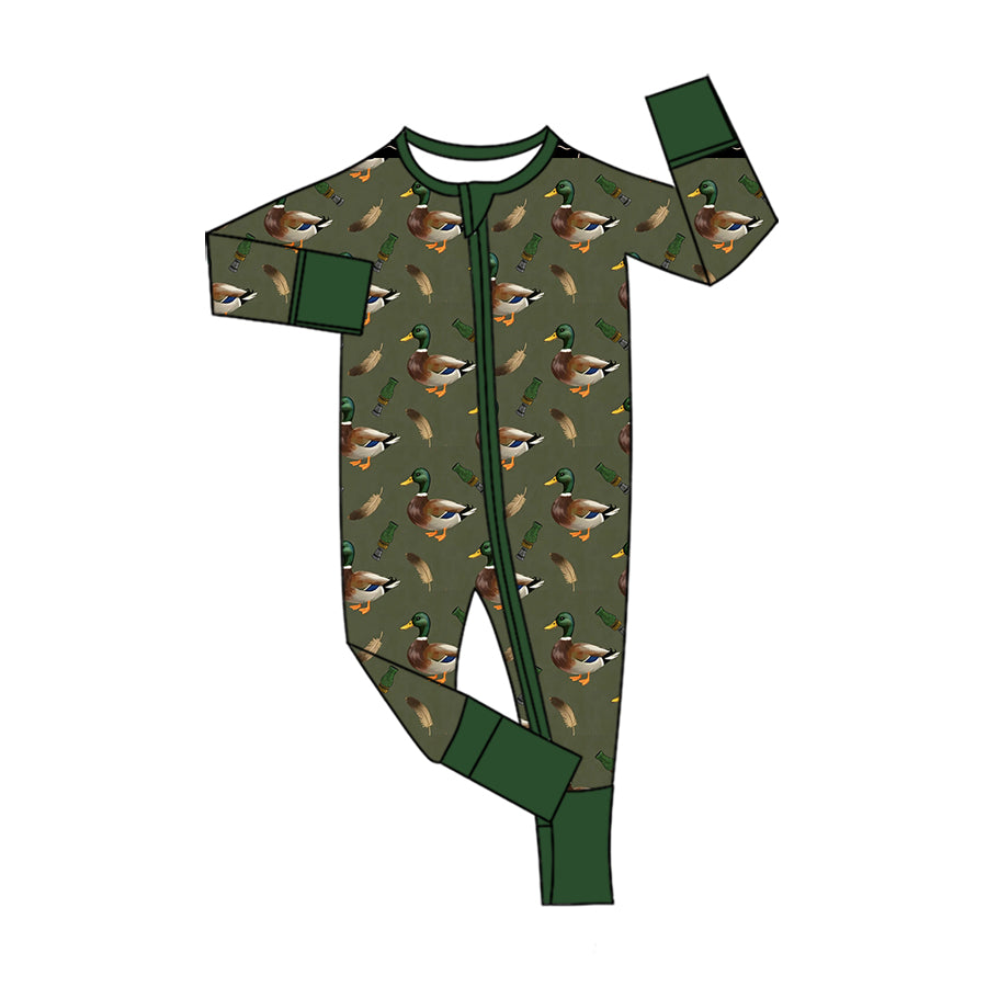 Preorder moq 5 Baby Boys Green Ducks Calls Hunting Two Way Zip Convertible Romper