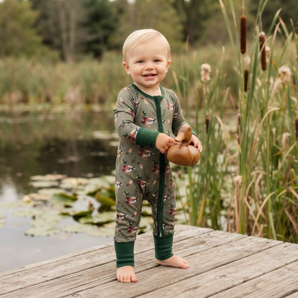 Baby Boys Green Ducks Calls Hunting Two Way Zip Convertible Romper