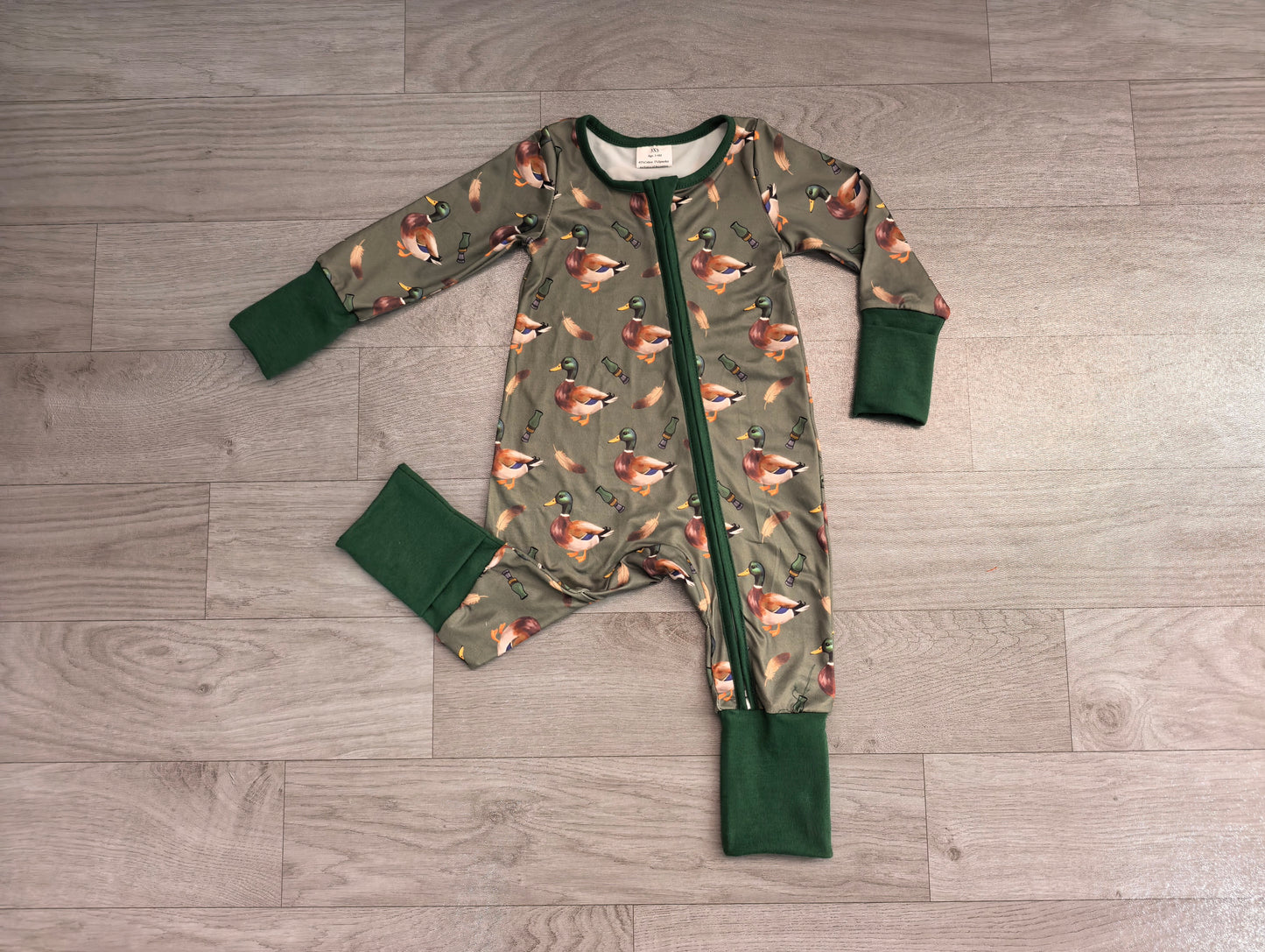 Baby Boys Green Ducks Calls Hunting Two Way Zip Convertible Romper Preorder
