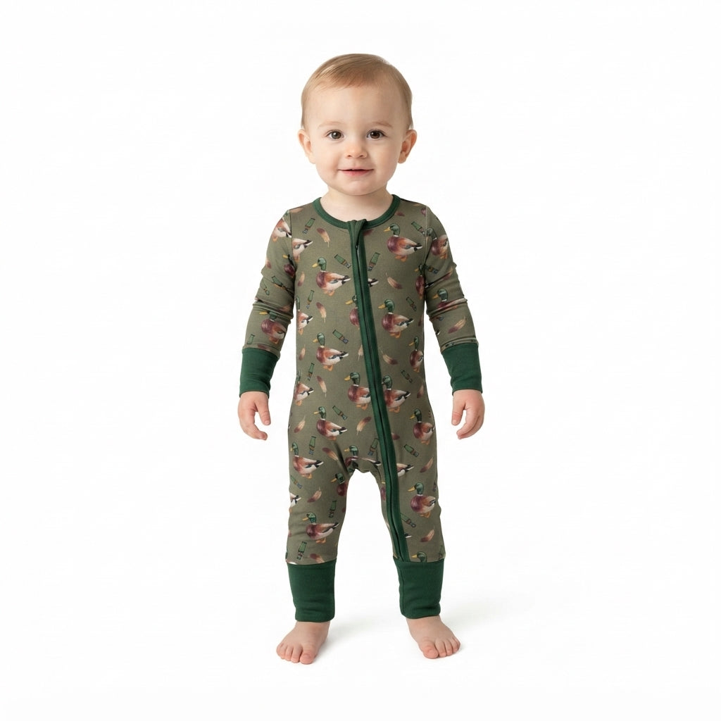Baby Boys Green Ducks Calls Hunting Two Way Zip Convertible Romper