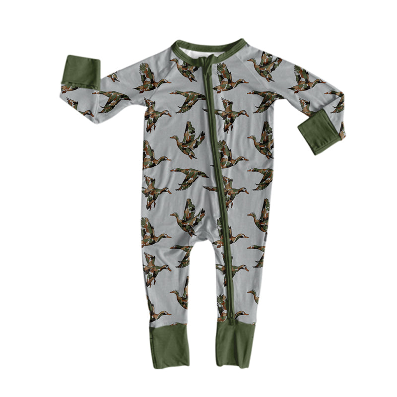 Preorder moq 5 Baby Boys Camo Ducks Hunting Two Way Zip Convertible Romper
