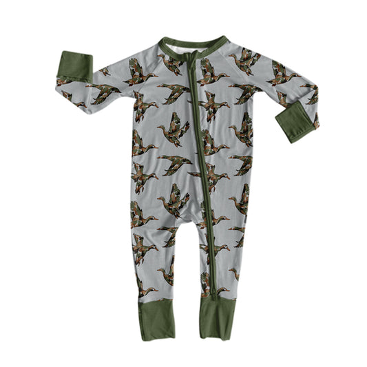 Preorder moq 5 Baby Boys Camo Ducks Hunting Two Way Zip Convertible Romper