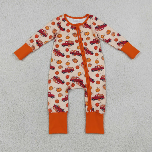 Baby Boys Pumpkins Trucks Fall Two Way Zip Convertible Romper