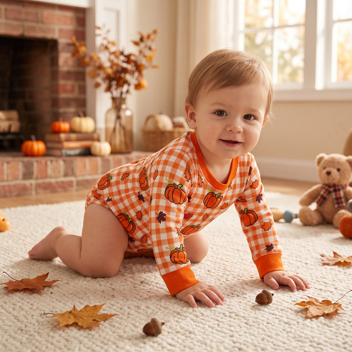 Baby Boys Long Sleeve Football Pumpkins Fall Romper