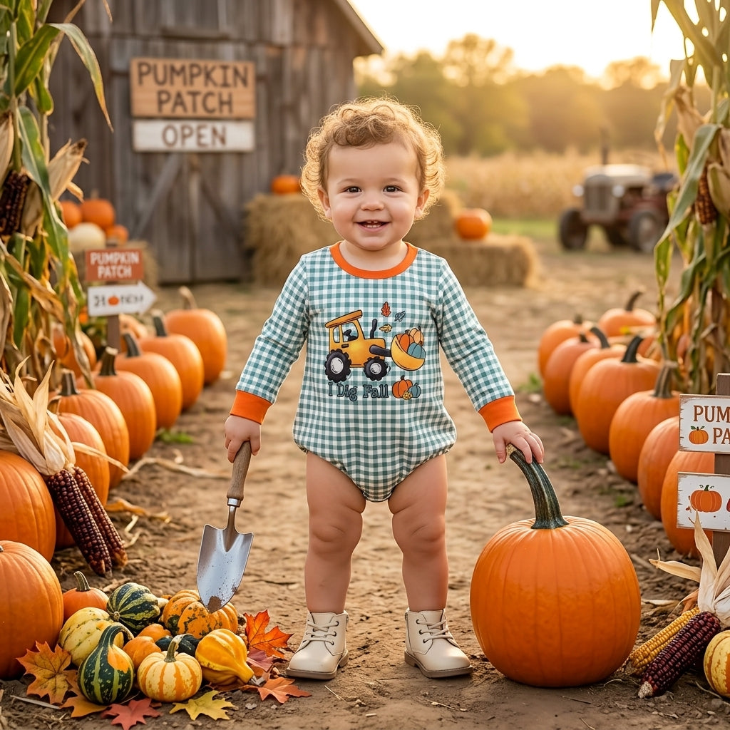 Baby Boys Long Sleeve Green Checked Pumpkins Truck Fall Romper