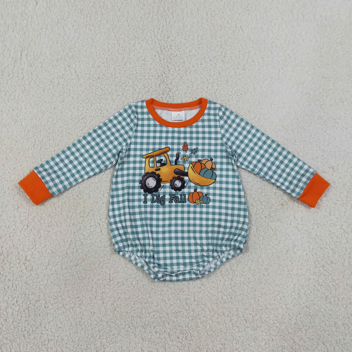 Baby Boys Long Sleeve Green Checked Pumpkins Truck Fall Romper