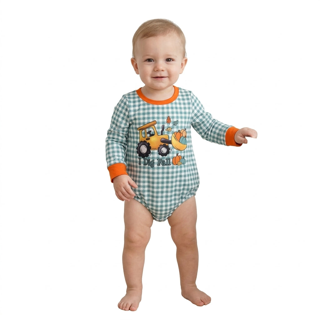 Baby Boys Long Sleeve Green Checked Pumpkins Truck Fall Romper