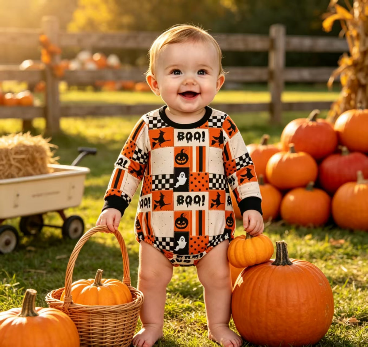 Baby Boys Long Sleeve BOO Ghost Pumpkins Halloween Romper