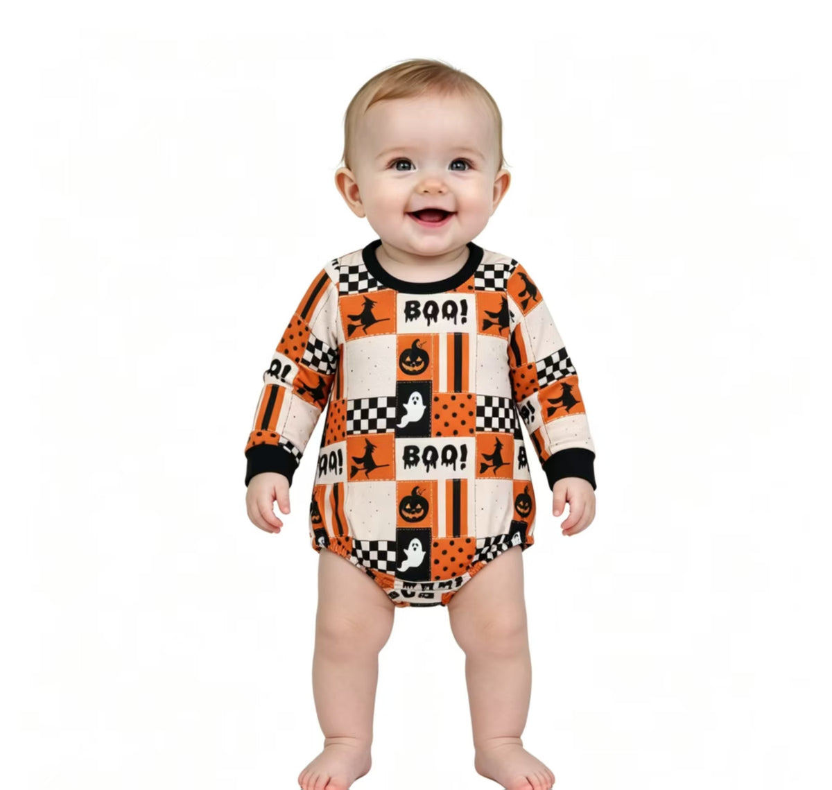 Baby Boys Long Sleeve BOO Ghost Pumpkins Halloween Romper