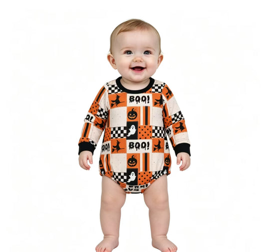 Baby Boys Long Sleeve BOO Ghost Pumpkins Halloween Romper