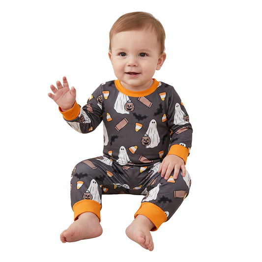 Baby Boys Long Sleeve Ghosts Pumpkins Halloween Pant Romper
