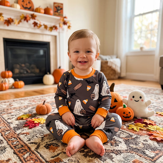 Baby Boys Long Sleeve Ghosts Pumpkins Halloween Pant Romper