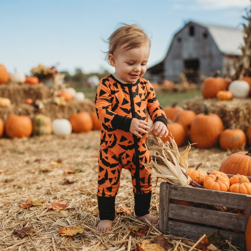 Baby Boys Ghost Pumpkins Halloween Two Way Zip Convertible Romper