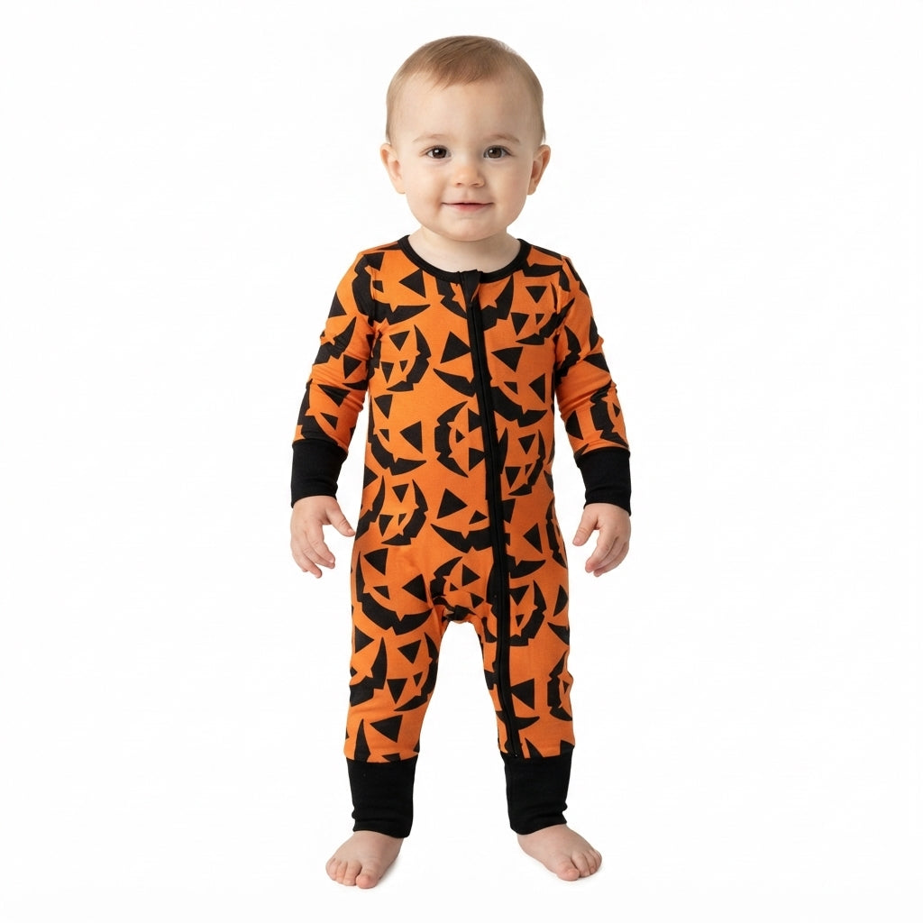 Baby Boys Ghost Pumpkins Halloween Two Way Zip Convertible Romper