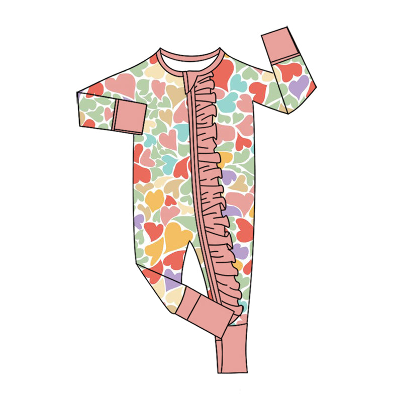 Preorder moq 5 Baby Girls Colorful Hearts Valentines Two Way Ruffle Zip Convertible Romper