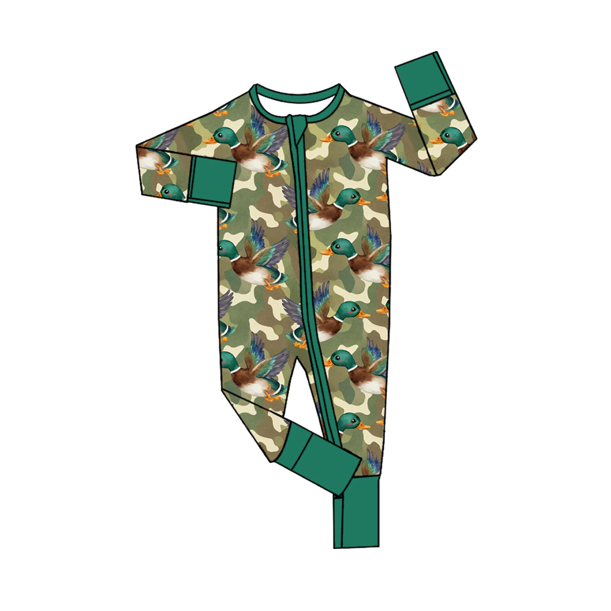 Preorder moq 5 Baby Boys Green Camo Ducks Hunting Two Way Zip Convertible Rompers