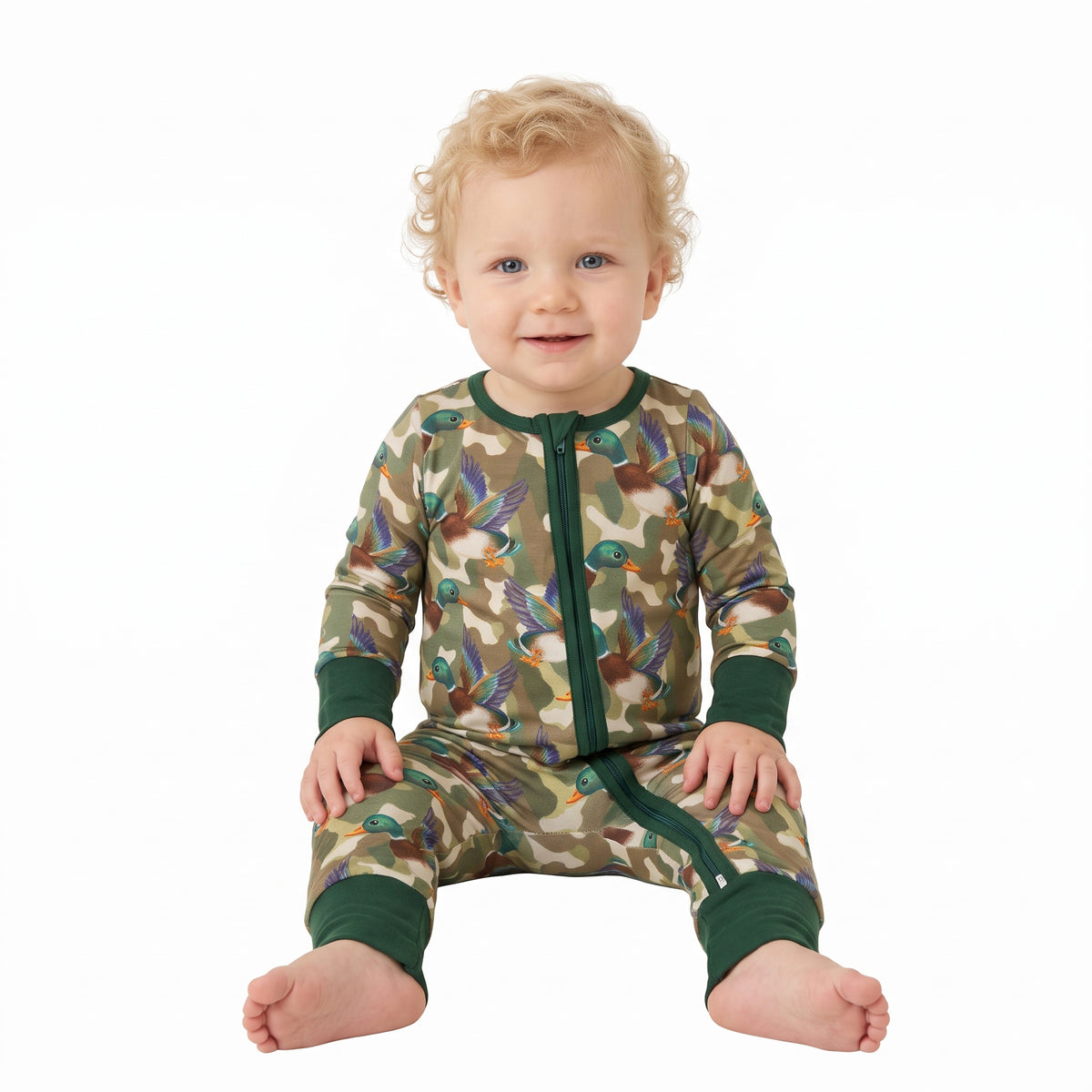 Baby Boys Green Camo Ducks Hunting Two Way Zip Convertible Rompers