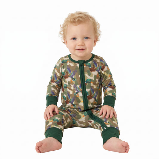 Baby Boys Green Camo Ducks Hunting Two Way Zip Convertible Rompers