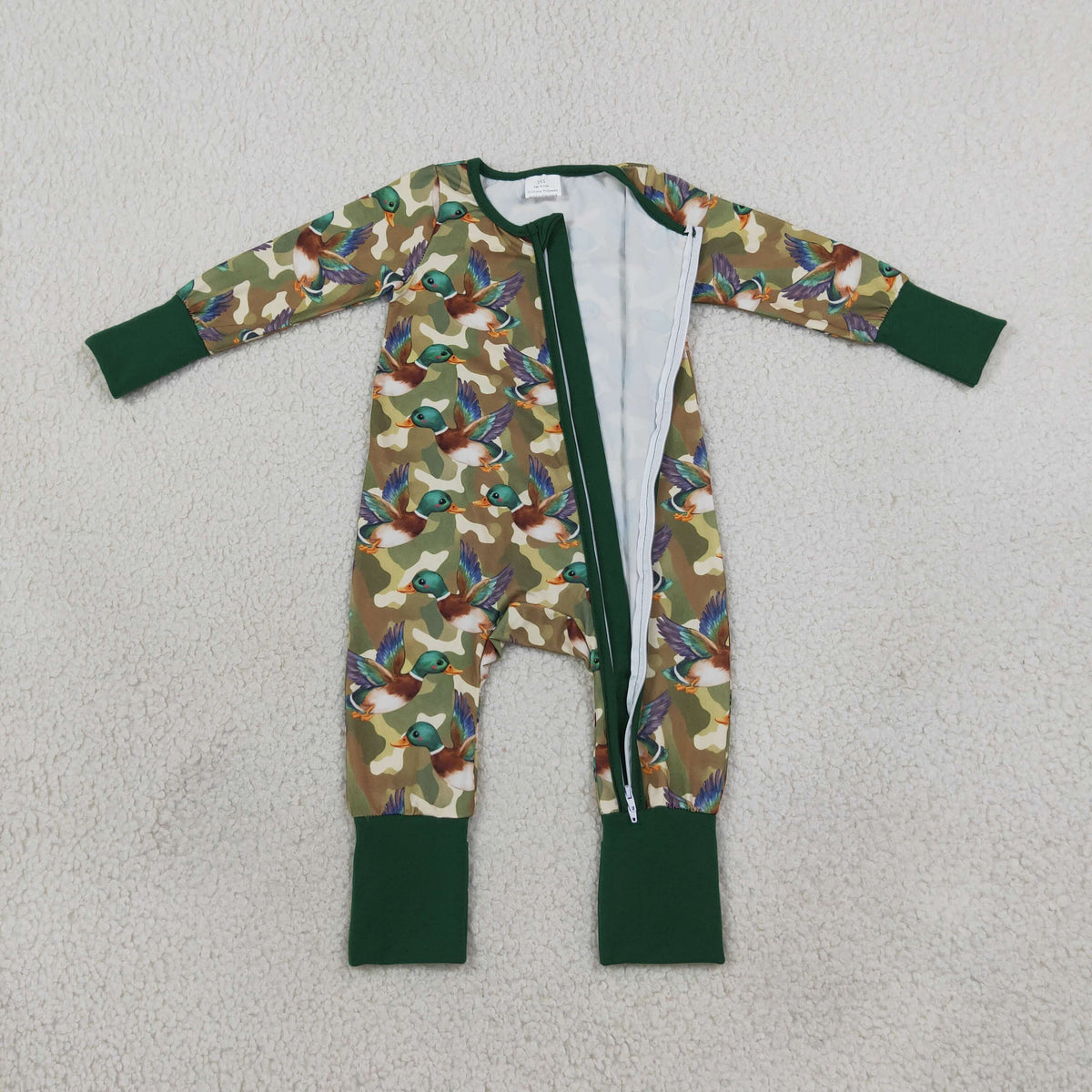 Baby Boys Green Camo Ducks Hunting Two Way Zip Convertible Rompers