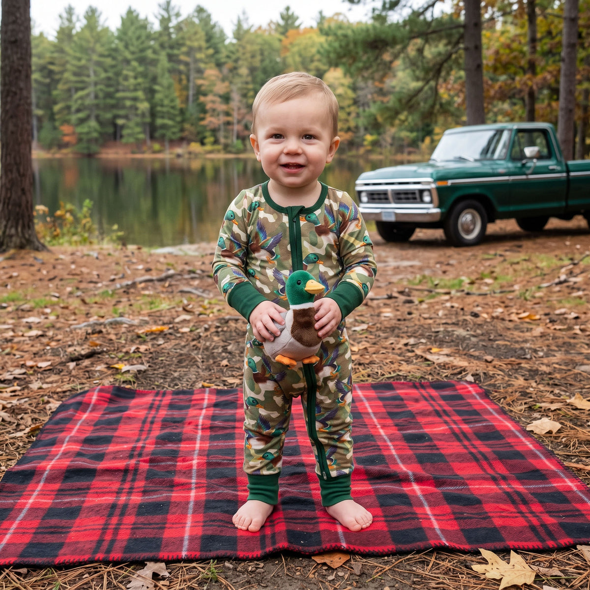 Baby Boys Green Camo Ducks Hunting Two Way Zip Convertible Rompers