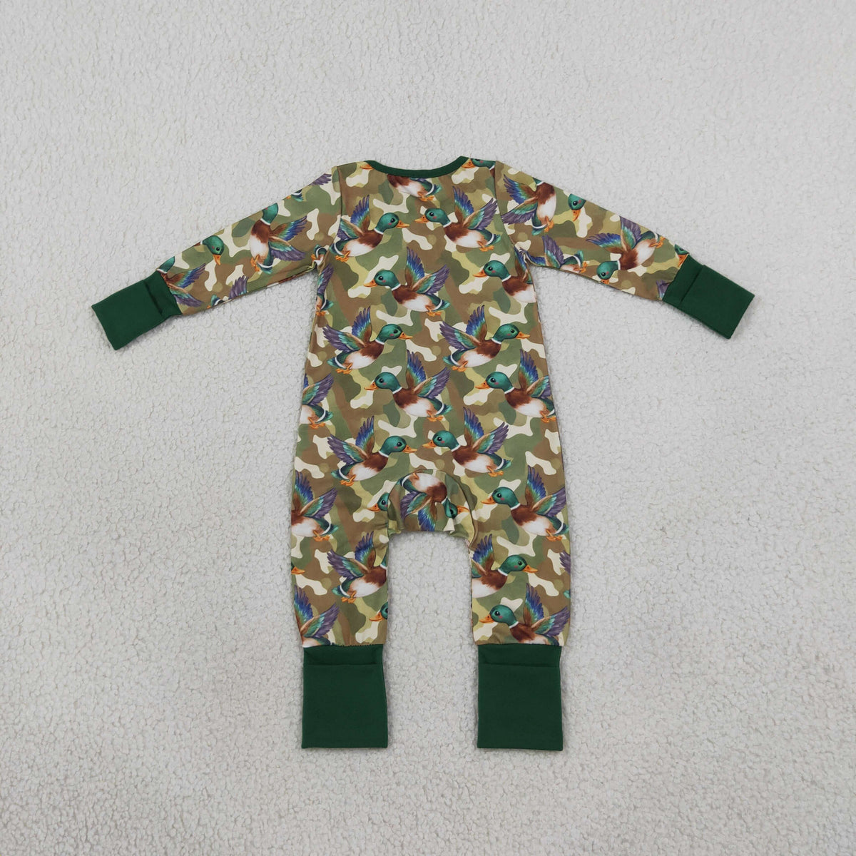 Baby Boys Green Camo Ducks Hunting Two Way Zip Convertible Rompers