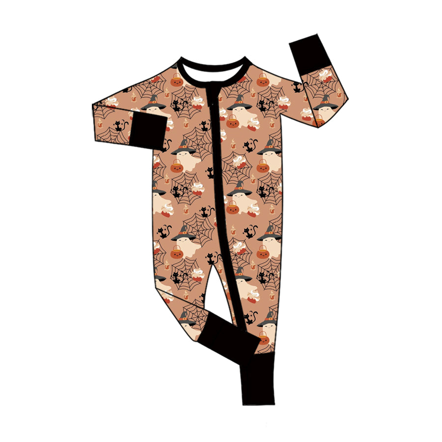 Preorder moq 5 Baby Boys Ghost Pumpkins Halloween Two Way Zip Convertible Rompers