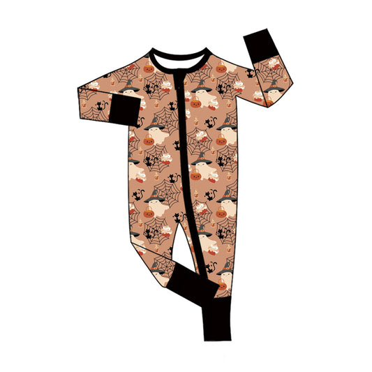 Preorder moq 5 Baby Boys Ghost Pumpkins Halloween Two Way Zip Convertible Rompers