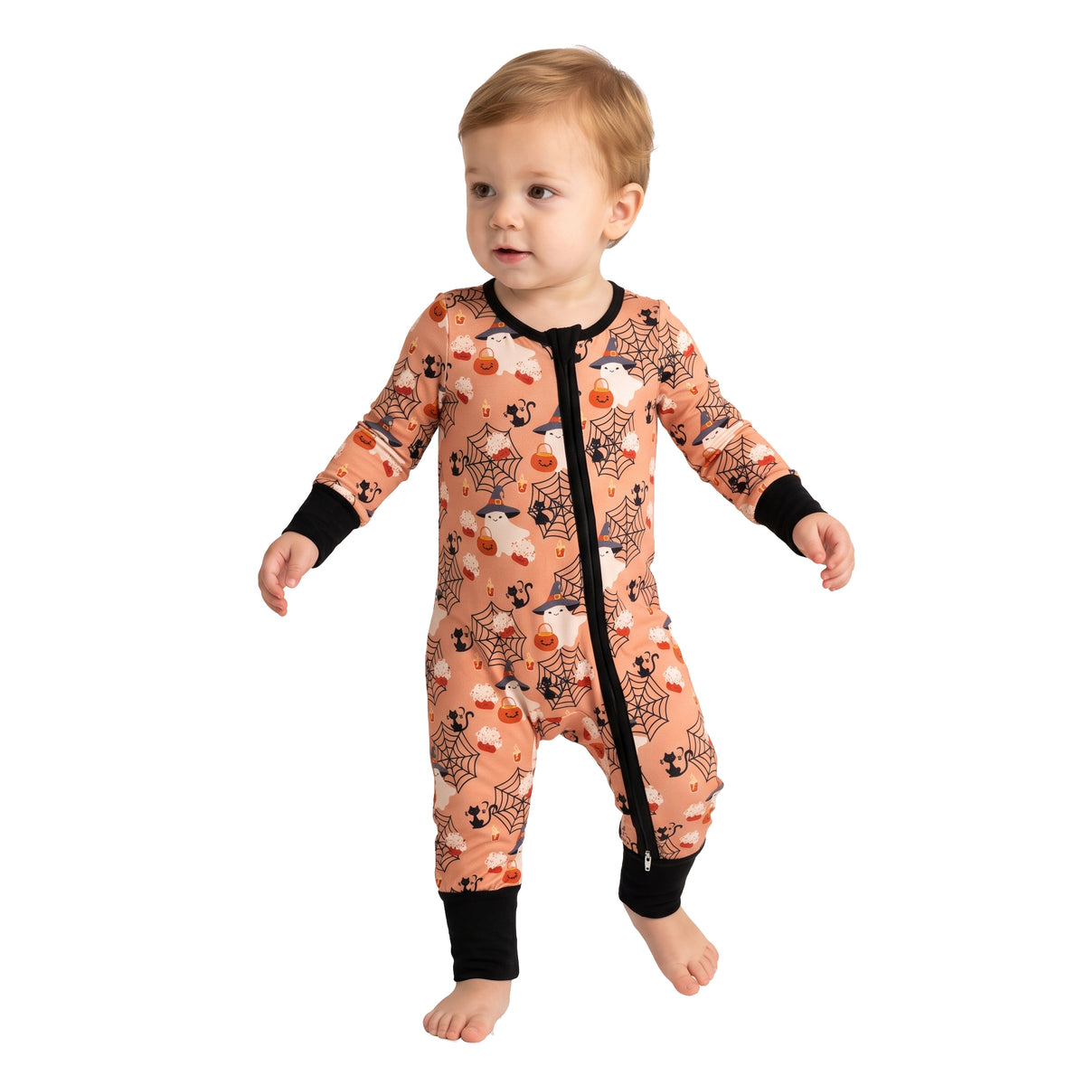 Baby Boys Ghost Pumpkins Halloween Two Way Zip Convertible Rompers