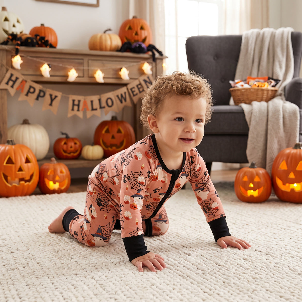Baby Boys Ghost Pumpkins Halloween Two Way Zip Convertible Rompers
