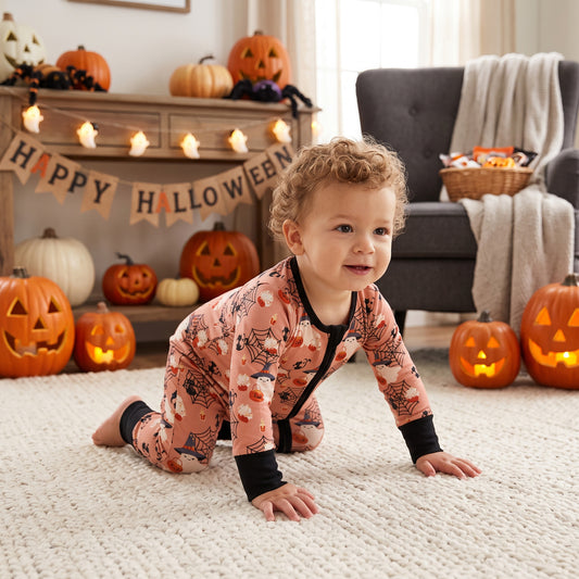 Baby Boys Ghost Pumpkins Halloween Two Way Zip Convertible Rompers