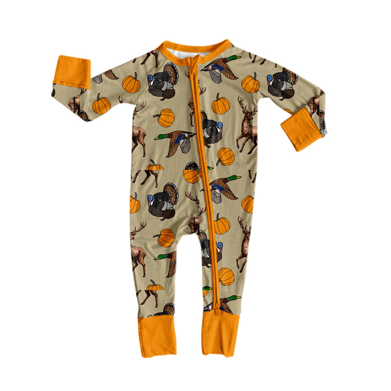 Preorder moq 5 Baby Boys Pumpkins Turkey Ducks Deer Thanksgivings Two Way Zip Convertible Rompers