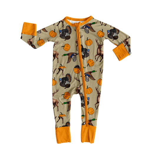 Preorder moq 5 Baby Boys Pumpkins Turkey Ducks Deer Thanksgivings Two Way Zip Convertible Rompers